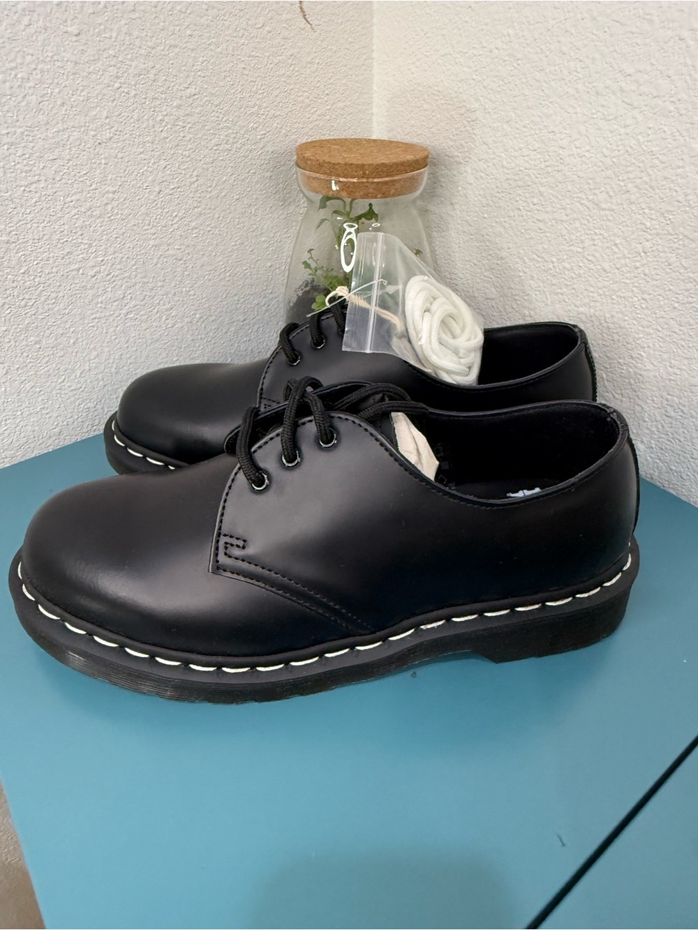 Dr. Martens Black Leather Lace-Up Shoes with White Stitching NIB